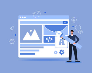 Web design,Ui design,creating websites concept vector ilustration,blue color,modern concept flat design,man using pen tool.isolated object and easy to edit.Can be used for websites.