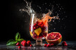 Refreshment fruit cocktail with strawberry, grapefruit, pomegranate, mango and mint splashes on black background, an explosion of taste from different fruits, AI Generated