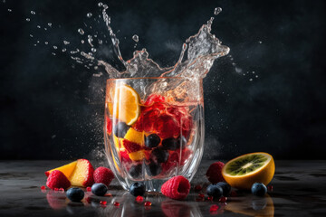 Refreshment fruit cocktail with orange, lemon, raspberry, blueberry and kiwi splashes on black background, an explosion of taste from different fruits, AI Generated