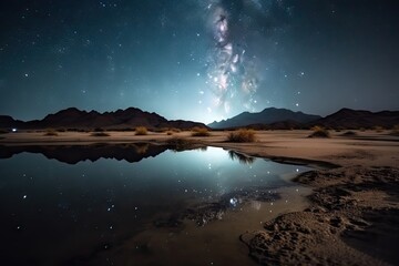 Sticker - night sky with stars and moon over desert mirage of water, created with generative ai