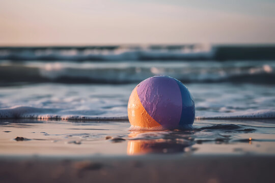 beach ball on the sand, sea view sunset