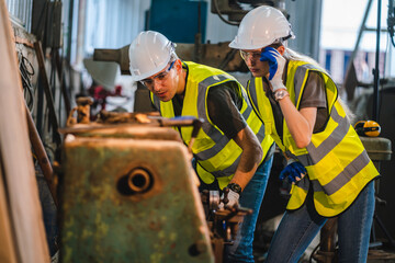 Wall Mural - Testing new automation innovation tool for smart industrial, Professional robotic engineers specialist maintenance and control robot arm in factory warehouse, technician teamwork working together