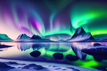 Wall Mural - aurora Starry sky with northern lights, Polar lights on Lofoten islands. Night winter landscape with aurora , Green polar lights - generative ai
