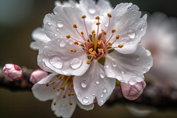 Wall Mural - close-up of cherry blossom bloom, with flower details visible, created with generative ai