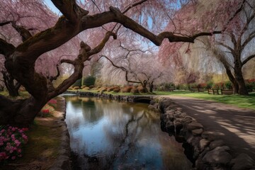 Sticker - cherry blossom garden, with vibrant colors and textures, bringing serenity, created with generative ai