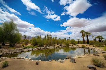 Wall Mural - scenic view of desert oasis surrounded by bright blue sky and fluffy clouds, created with generative ai