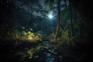 Wall Mural - nocturnal jungle, with fireflies and stars shining above, created with generative ai