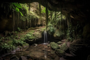 Wall Mural - jungle cave, with cascading waterfall and hidden treasure, created with generative ai