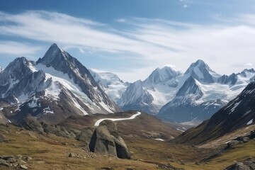 Wall Mural - majestic mountain landscape with snow-covered peaks and glaciers in the background, created with generative ai