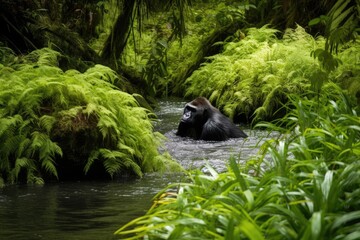 Canvas Print - gorilla swimming in tranquil stream, surrounded by lush greenery, created with generative ai
