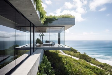 Wall Mural - minimalist home, with view of the ocean, surrounded by greenery, created with generative ai