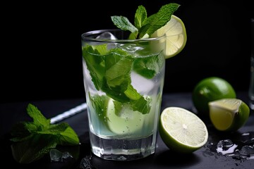 Wall Mural - close-up of mojito cocktail, with mint leaves and lime visible, created with generative ai