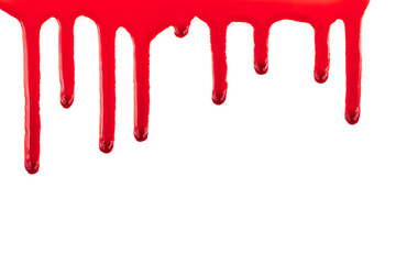 Fototapeta dripping blood isolated on white background. flowing bloody stains, splashes and drops. trail and drips red blood close up.