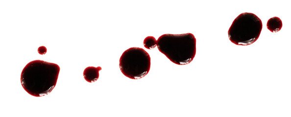 Dripping blood isolated on white background. Flowing bloody stains, splashes and drops. Trail and drips red blood close up.