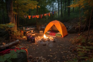 Wall Mural - campsite with tent, lantern, and campfire surrounded by orange flames, created with generative ai