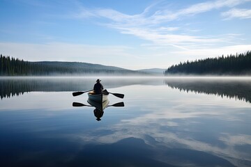 Sticker - canoeist paddling peacefully on serene lake, created with generative ai