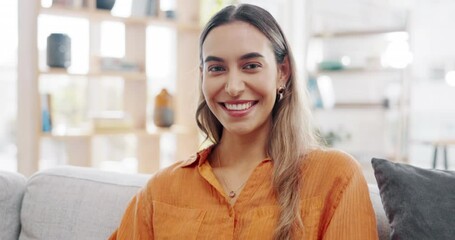 Wall Mural - Face, happy and young woman relax on sofa for easy lifestyle, me time and comfortable weekend at home. Portrait of female person smile in apartment for rest, happiness and break on living room couch