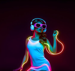Wall Mural - Young woman with VR glasses dancing. AI generated