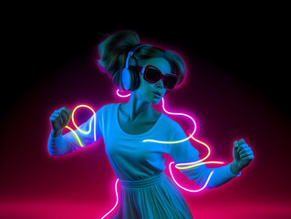 Wall Mural - Young woman with VR glasses dancing. AI generated