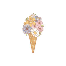 Ice Cream Cone With Floral Bouquet Vector Illustration. Flower Power Aesthetic Design Element For Planner, Sticker, Scrapbook, Poster, Card , Pattern, Tee Shirt