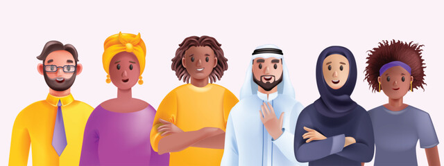 Wall Mural - 3D diverse people avatar set, vector business group person, multicultural character student crowd. Office team, happy man, smiling woman cartoon society concept. Diverse people community work banner