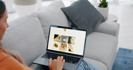 Aufkleber - Woman, laptop and online shopping food website on living room sofa for ecommerce, menu or meal at home. Female lying on couch browsing restaurant homepage or store for lunch or dinner on computer