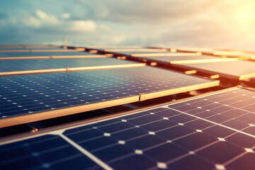 Wall Mural - solar panels with afternoon sky sunset background. closeup detail. generative ai