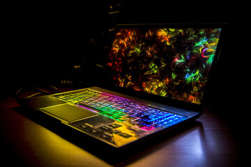 Poster - Close up of a laptop with colorful lights on the screen. Technology concept. Generative AI