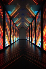 Poster - a mixed media installation combining geometric elements with light projections, generative ai techno