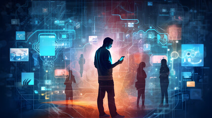concept of technology and connectivity: Show a person using modern gadgets like smartphones or tablets to connect with others or explore virtual spaces, representing the digital age we live in