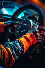 Poster -  A close-up photograph of a driver's hands gripping the steering wheel of a racing car, with the focus on the intense concentration and determination.  Generative AI technology.