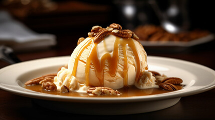 Wall Mural - Vanilla ice cream caramel sauces crowned with pecans. Generative AI image