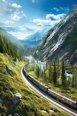 Aufkleber -  A panoramic photograph of a scenic train route, winding through mountains or forests, offering breathtaking views and a sense of adventure.  Generative AI technology.