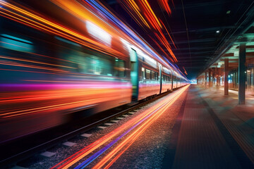 Poster -  A time-lapse photograph capturing the movement of a train at night, with streaks of light tracing its path and creating a sense of dynamism.  Generative AI technology.