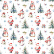 Watercolor Christmas pattern with snowman, Santa Claus, penguin, christmas trees and gift boxes isolated on white background.