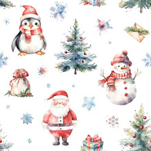 Watercolor Christmas Pattern With Snowman, Santa Claus, Penguin, Christmas Trees And Gift Boxes Isolated On White Background. 