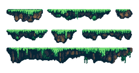 Fototapete - pixel art game grass platforms. pixelated game islands. Land and game props. Retro 8-bit sprite. Vector isolated set