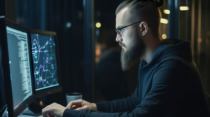 Poster - man working at the computer at night. Generative AI