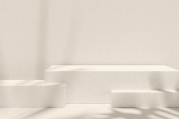 Minimalistic white beige geometric podium display. Empty space. Product advertisement. Bright sunlight with leaves shadows. realistic 3d rendering