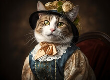 Cat Dressed In Vintage Clothes In Victorian Style, Portrait In The Style Of The 19th Century, Funny Cute Cat In Human Clothes. 