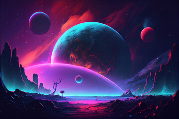 Poster - Fantastic planet, neon colors, magical lights in the galaxy. Generative Ai