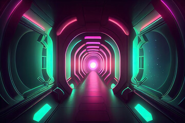 Poster - Science fiction tunnel with glowing green pink lights wallpaper background. Generative Ai