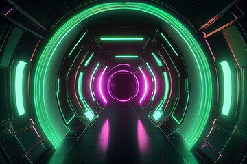 Fototapete - Science fiction tunnel with glowing green pink lights wallpaper background. Generative Ai