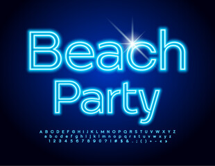 Poster - Vector glowing Banner Beach Party. Blue neon Font. Trendy bright Alphabet Letters and Numbers set