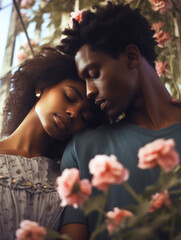 Young loving African American couple embracing and enjoying together, while sharing a tender moment. Flowers. Romance. 