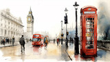 Fototapeta Londyn - British Red Telephone Box, watercolour