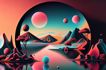 Wall Mural - surreal retro futurism abstract landscape with water in colorful neon palette. generative ai