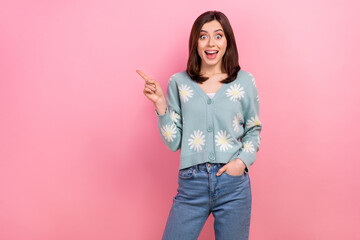 Wall Mural - photo of funny nice girl open mouth showing novelty offer empty space wear cardigan jeans isolated p