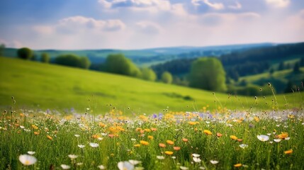 Wall Mural - Beautiful natural spring summer landscape of a flowering meadow in a hilly area on a bright sunny day. Many flowers in a field in green grass. Small zone of sharpness