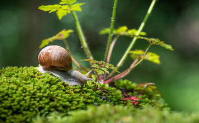 Wall Mural - Snail crawling on the green moss with blurred background, shallow depth of field